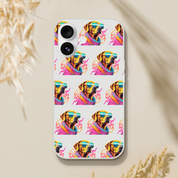 Transparent iPhone case for iPhone 13–16 with a repeating colorful dog wearing sunglasses.