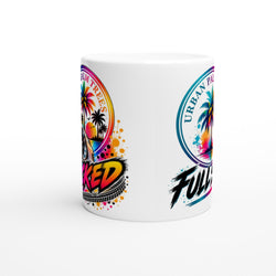 White ceramic petrolhead mug featuring colorful car art with palm trees, sunset graphics, and stylized text for car enthusiasts.