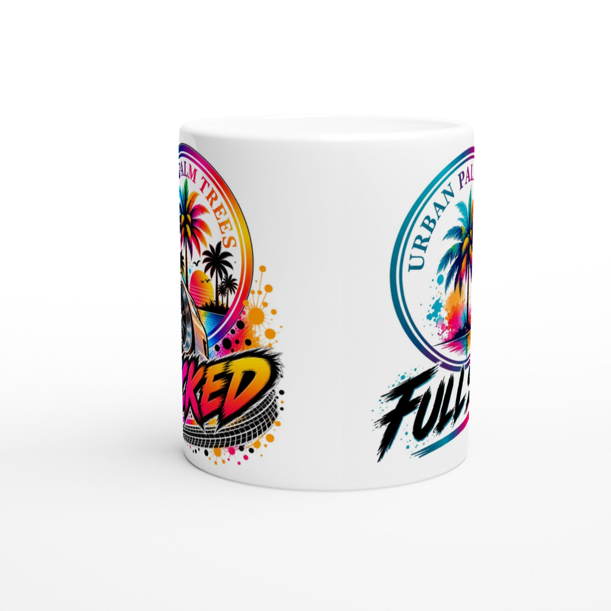 White ceramic petrolhead mug featuring colorful car art with palm trees, sunset graphics, and stylized text for car enthusiasts.