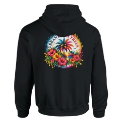 Black hoodie featuring a retro tropical back print with colorful hibiscus flowers, palm trees, and a sunset beach scene.