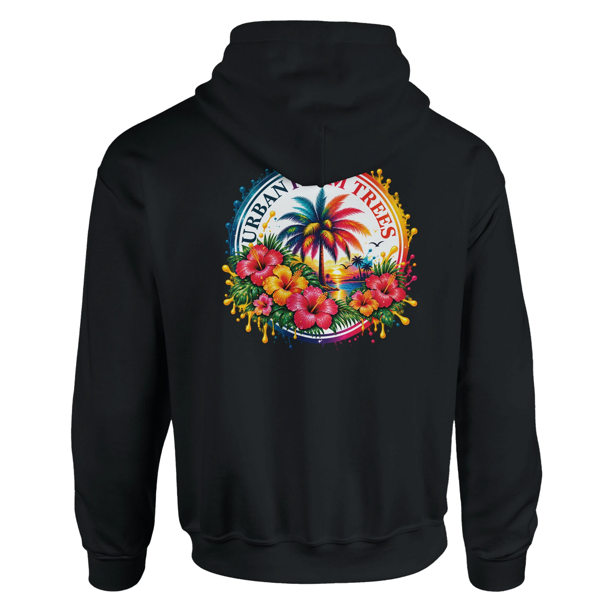 Black hoodie featuring a retro tropical back print with colorful hibiscus flowers, palm trees, and a sunset beach scene.