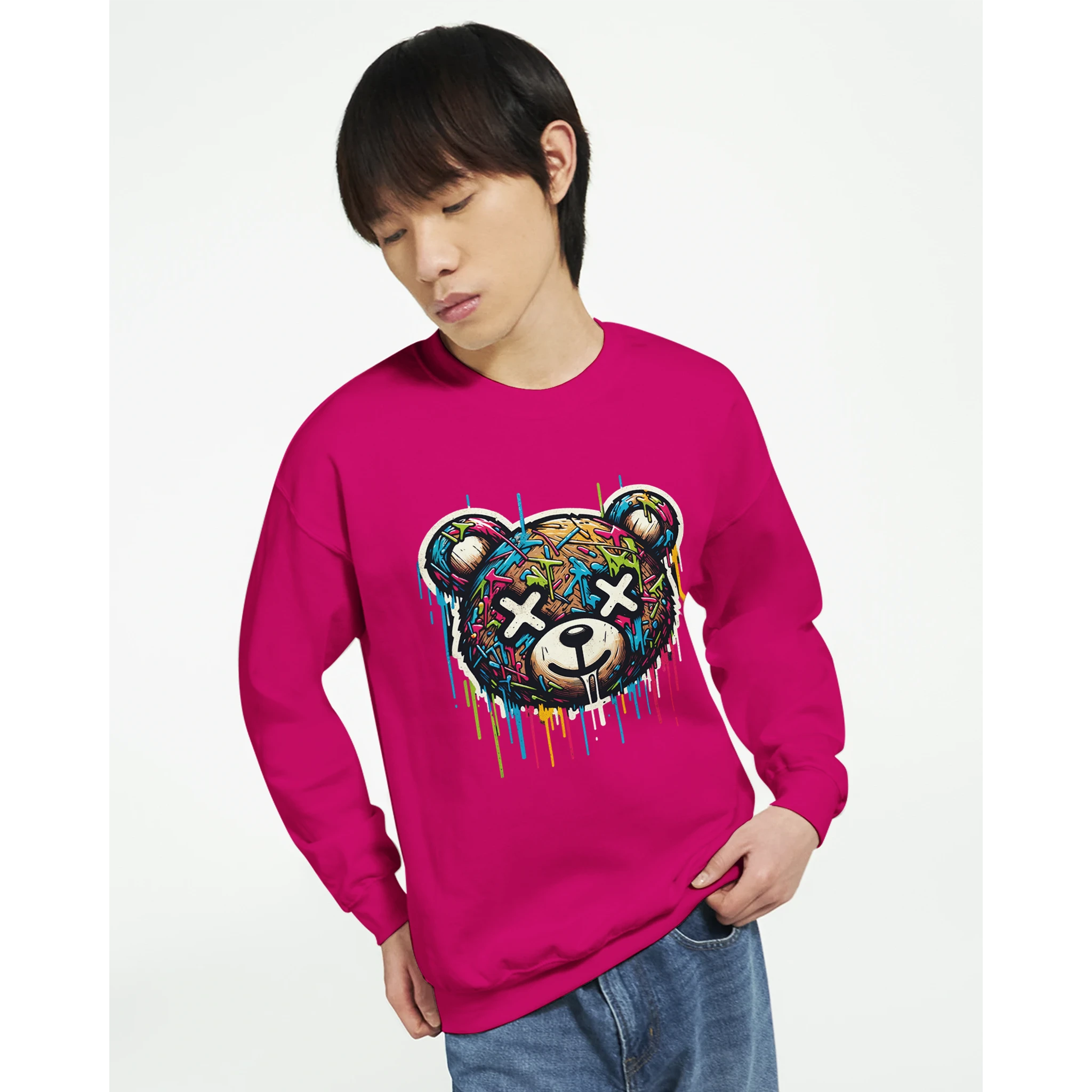 Pink Teddy Bear Men's Graphic Sweatshirt with colorful graffiti bear design and dripping paint.