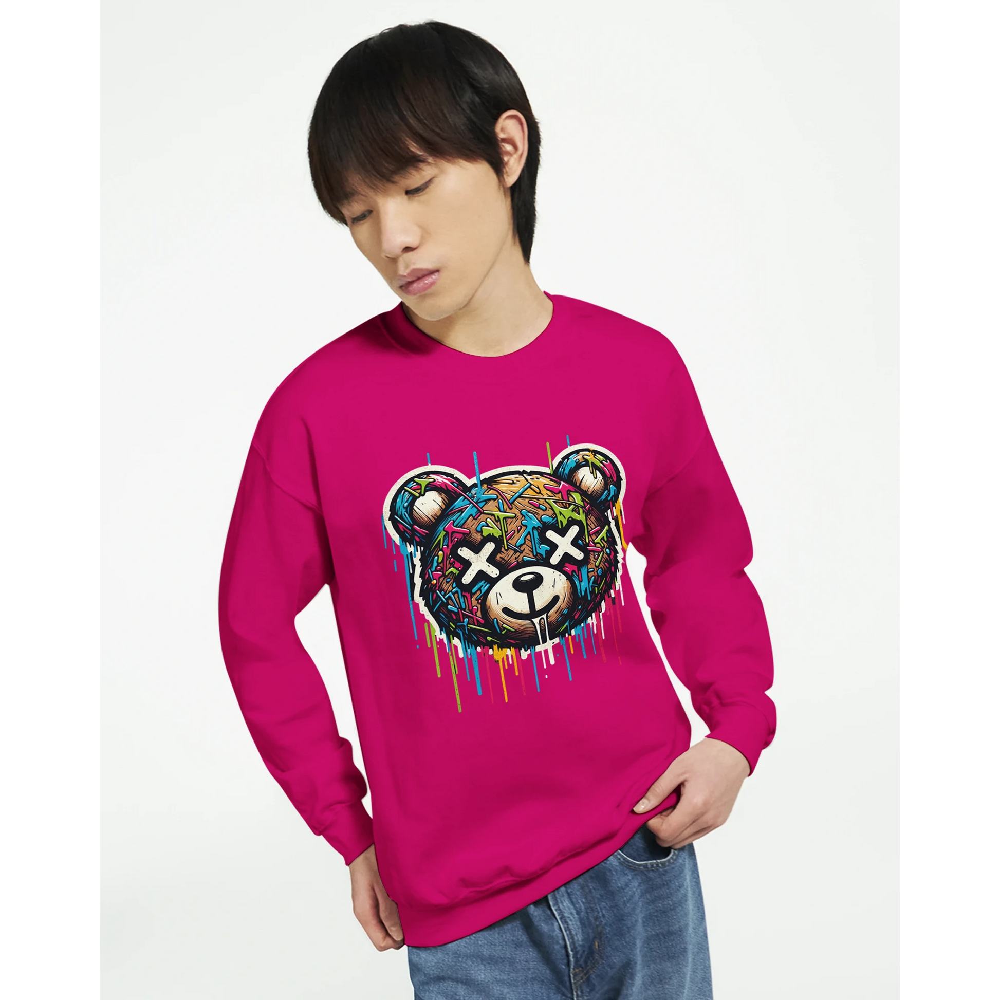 Person wearing a bright pink men's graphic sweatshirt with a colorful bear graphic design on a white background