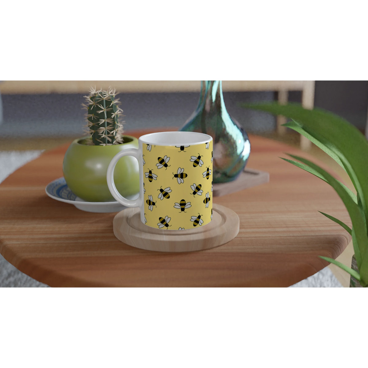 Cute yellow ceramic mug with a bee pattern, perfect for coffee or tea—great for bee lovers.