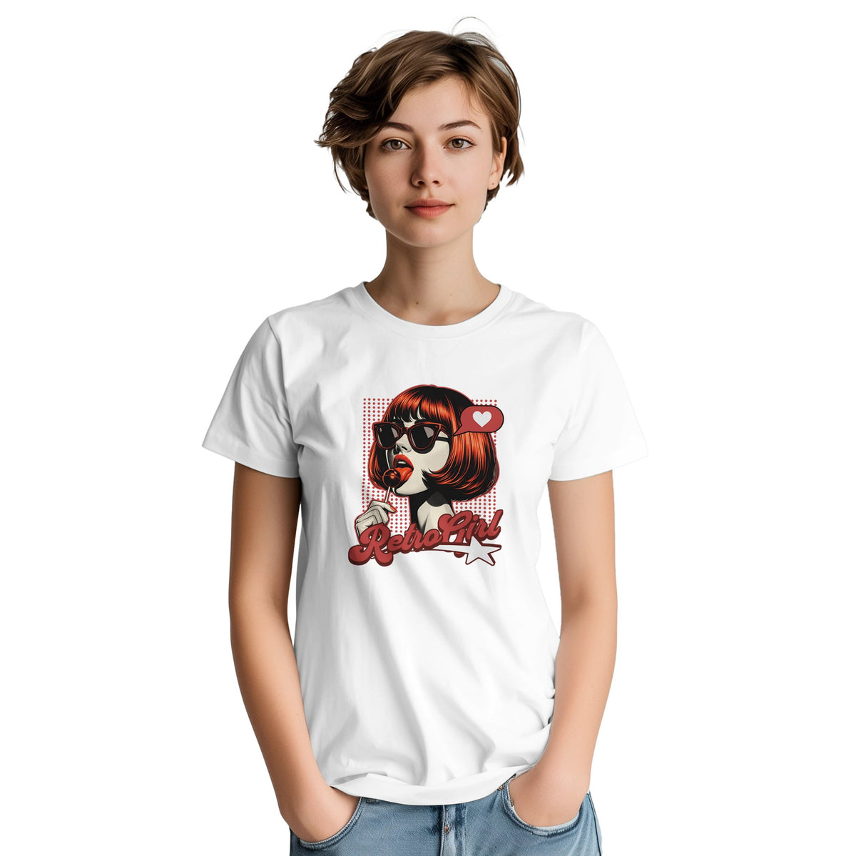 White cotton-blend tee with retro pop art graphic of a girl in sunglasses with a lollipop, Retro Girl.