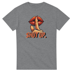 Lips graphic T-shirt featuring finger-to-lips and SHUT UP text on a gray tee.