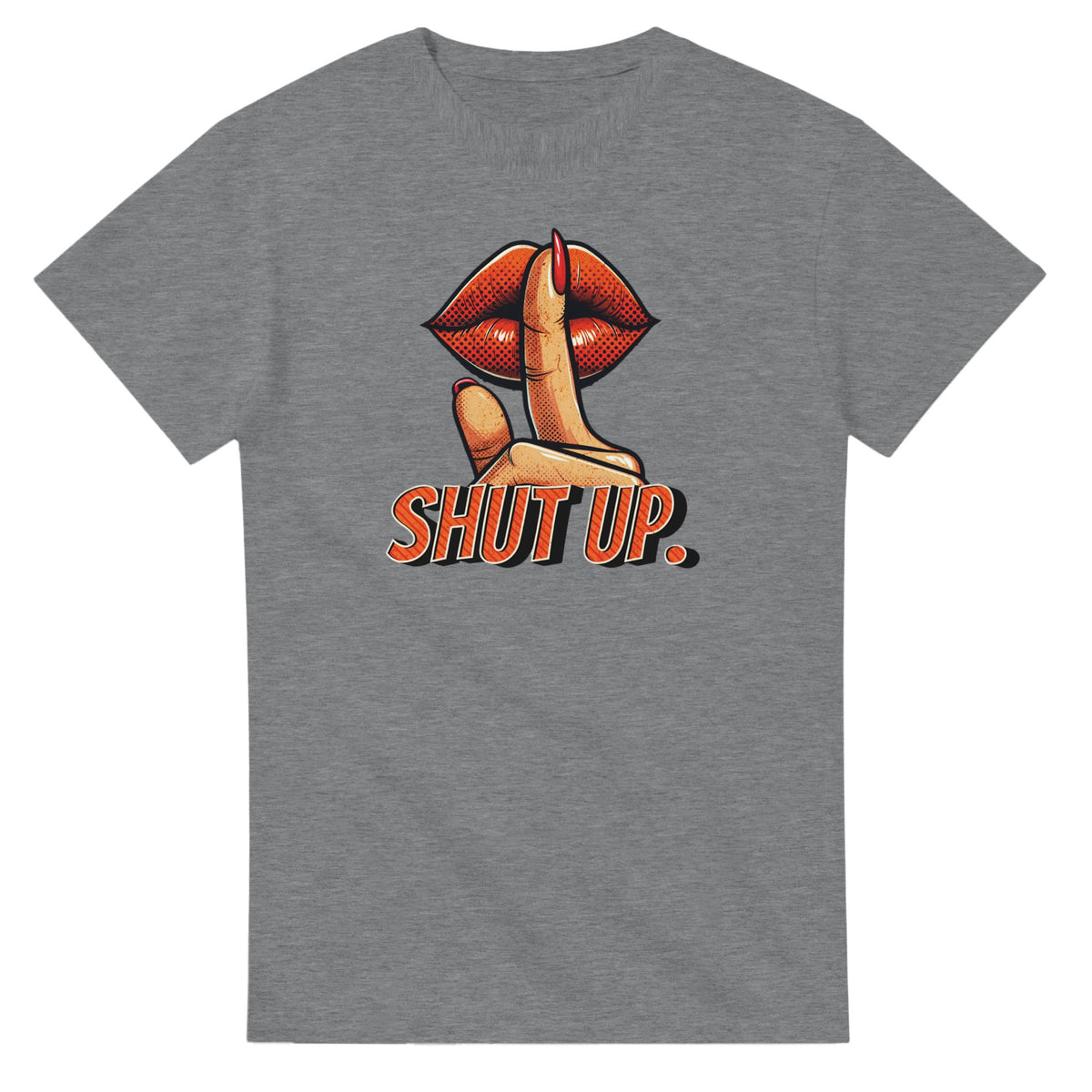 Lips graphic T-shirt featuring finger-to-lips and SHUT UP text on a gray tee.