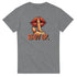 Lips graphic T-shirt featuring finger-to-lips and SHUT UP text on a gray tee.