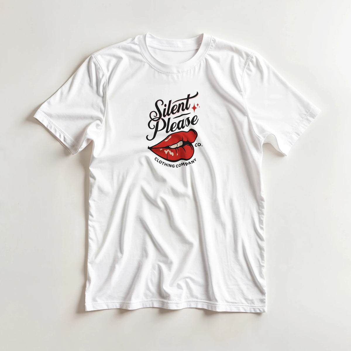 White women's cotton blend T-shirt with Silent Please lips graphic, red lips and black script on front.