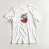White women's cotton blend T-shirt with Silent Please lips graphic, red lips and black script on front.