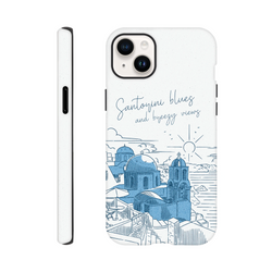 White iPhone case featuring a blue Santorini illustration with domes and "Santorini blues and breezy views" script.
