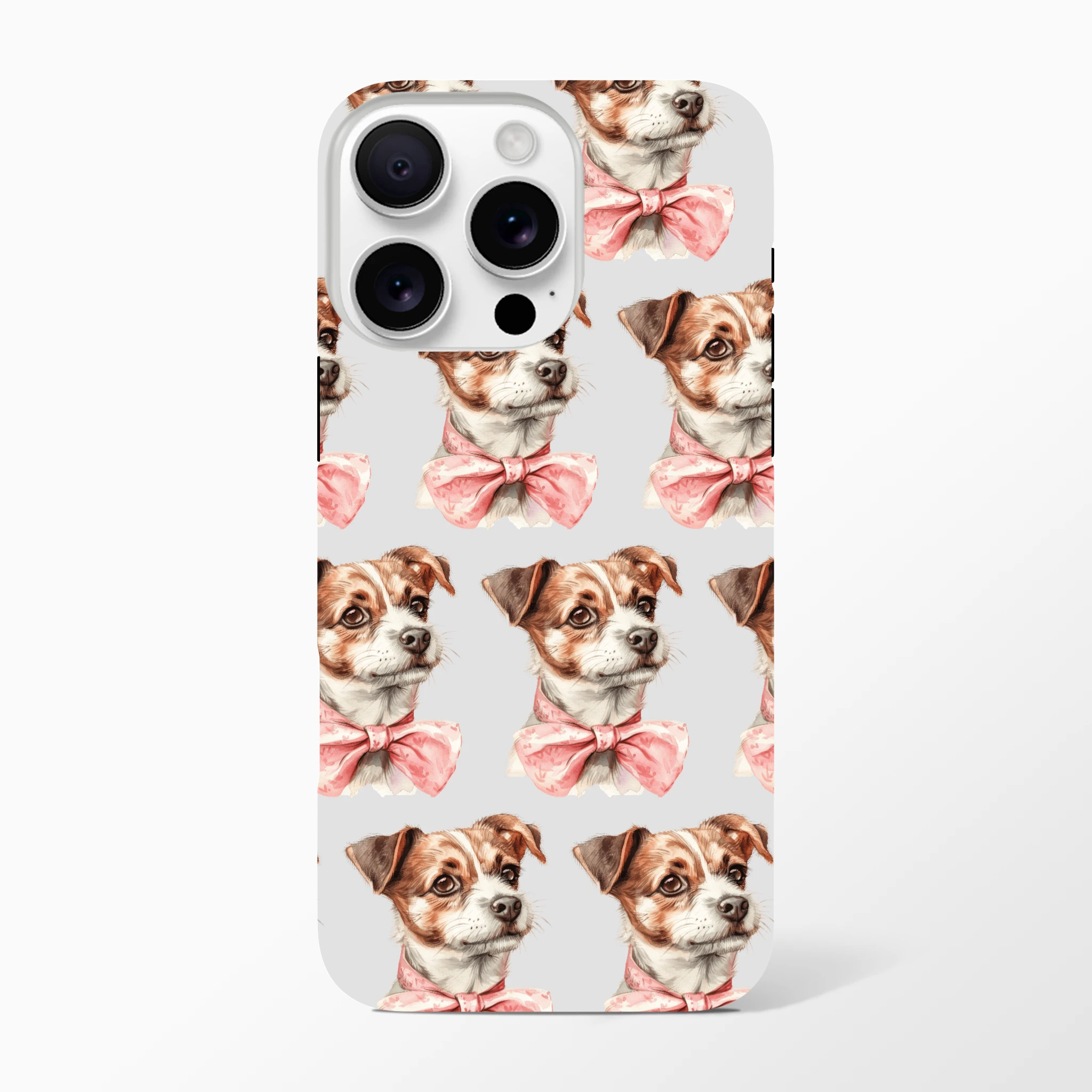 Dual-layer iPhone case with wraparound dog-head pattern and pink bow ties.