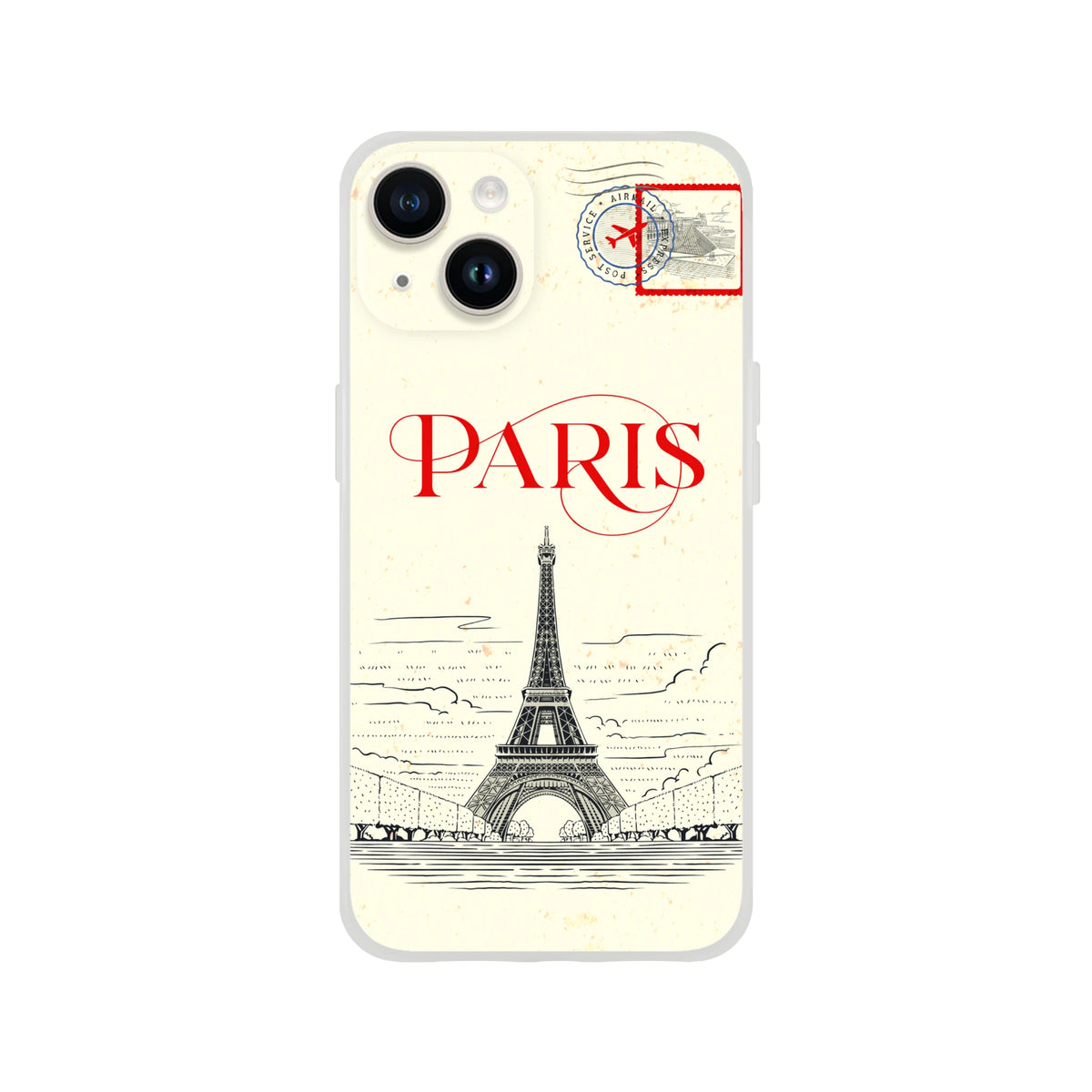 Vintage postcard Paris iPhone case for iPhone 13-16 with Eiffel Tower and postal stamp art.