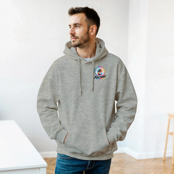 Man wearing grey static slammed car hoodie with small colorful palm tree chest graphic, featuring a front pouch pocket for petrolhead streetwear style.