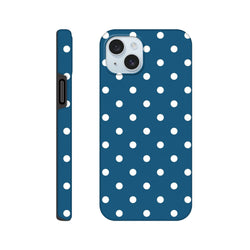 Navy blue and white polka dot tough iPhone case featuring a cute glossy finish and shock-absorbing protection for iPhone 13-16 models.
