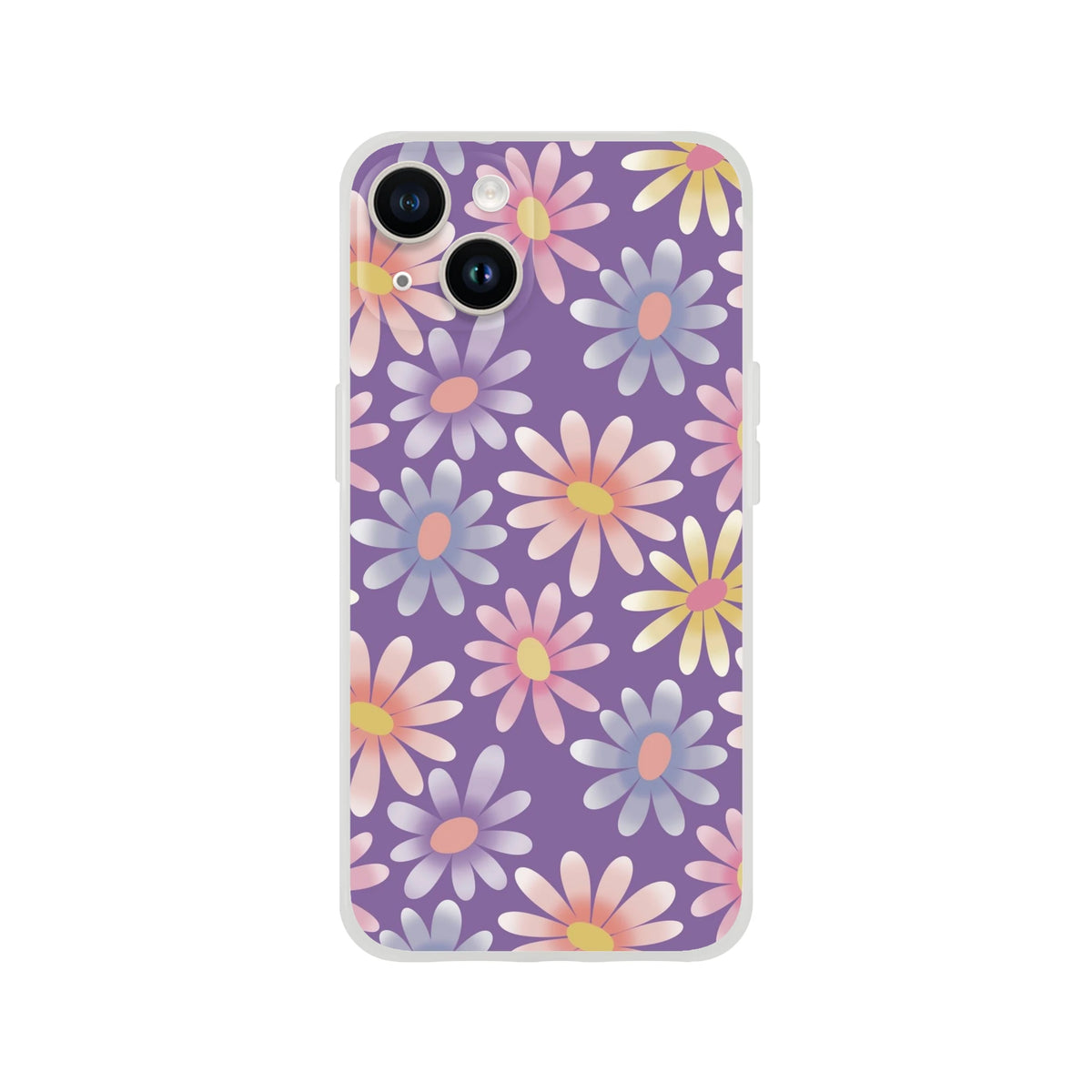 Retro Pastel daisy iPhone Case for 13-16 with cute floral aesthetic and pastel flowers on purple, matte finish.