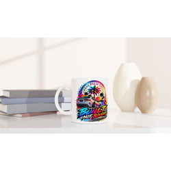 Built Not Bought petrolhead mug featuring a car and palm tree sunset design, perfect for car enthusiasts and coffee lovers.