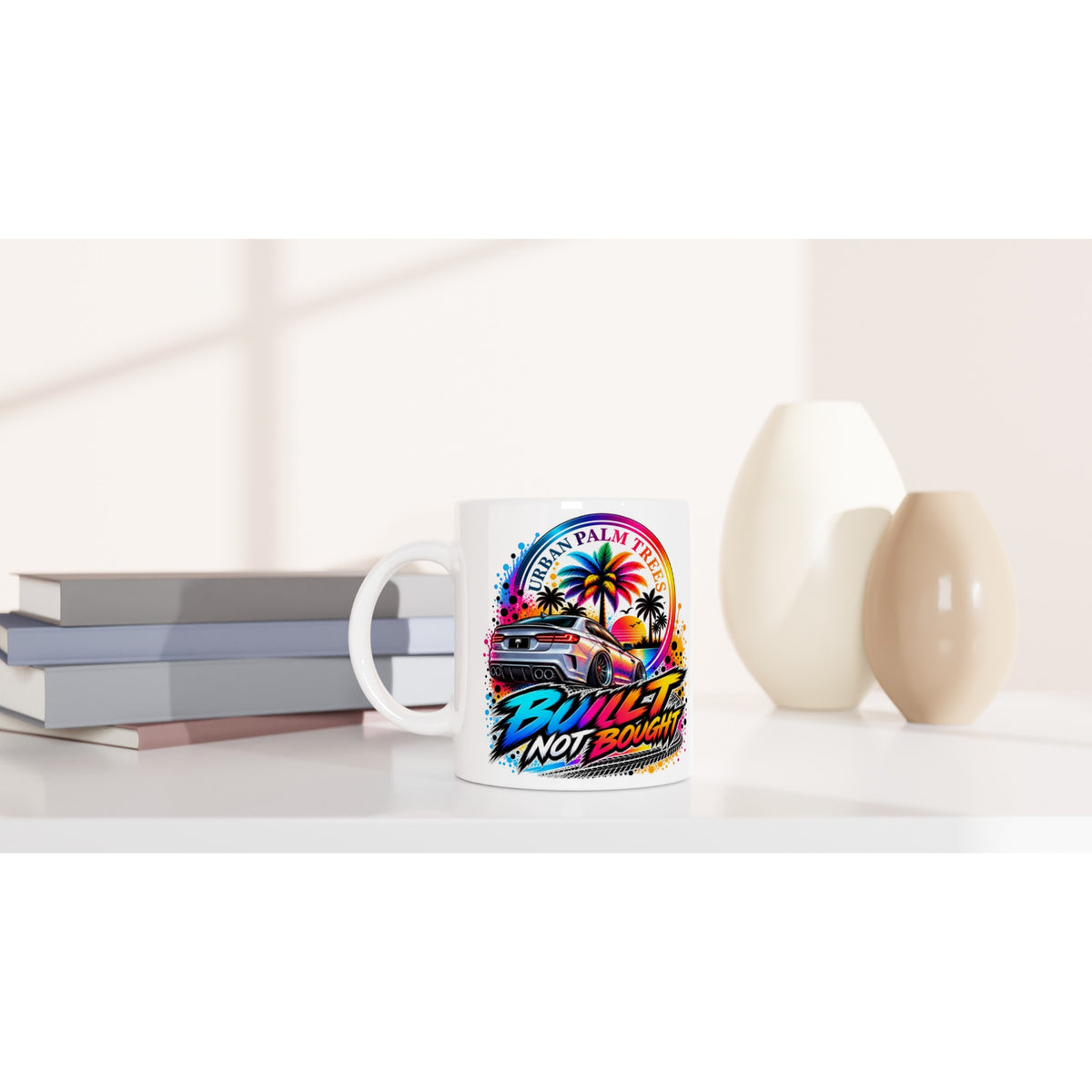 Built Not Bought petrolhead mug featuring a car and palm tree sunset design, perfect for car enthusiasts and coffee lovers.
