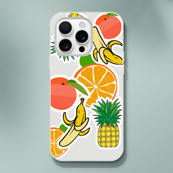Transparent iPhone case featuring a tropical sticker effect design with bold orange, banana, and pineapple graphics.