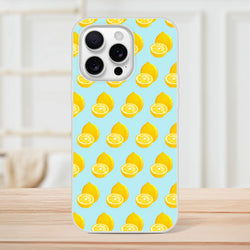 Pastel blue iPhone case featuring a yellow lemon pattern, made of flexible shock-absorbing TPU for summer fruit style protection.