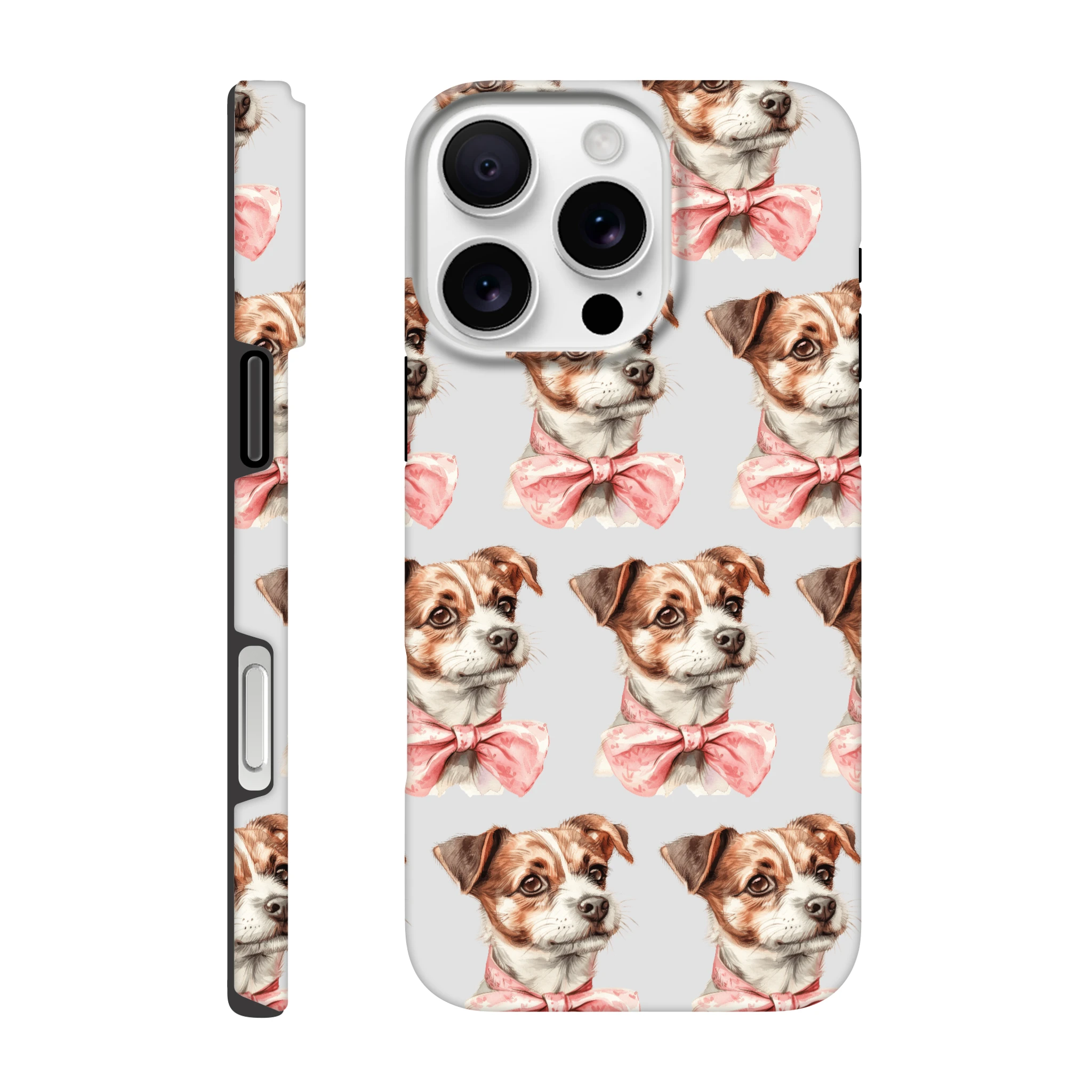 Cute dog-pattern phone case with pink bow, dual-layer wraparound print for iPhone 13–16.