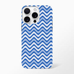 Blue and white retro zigzag iPhone case with glossy chevron pattern, offering tough shock absorption for daily use.