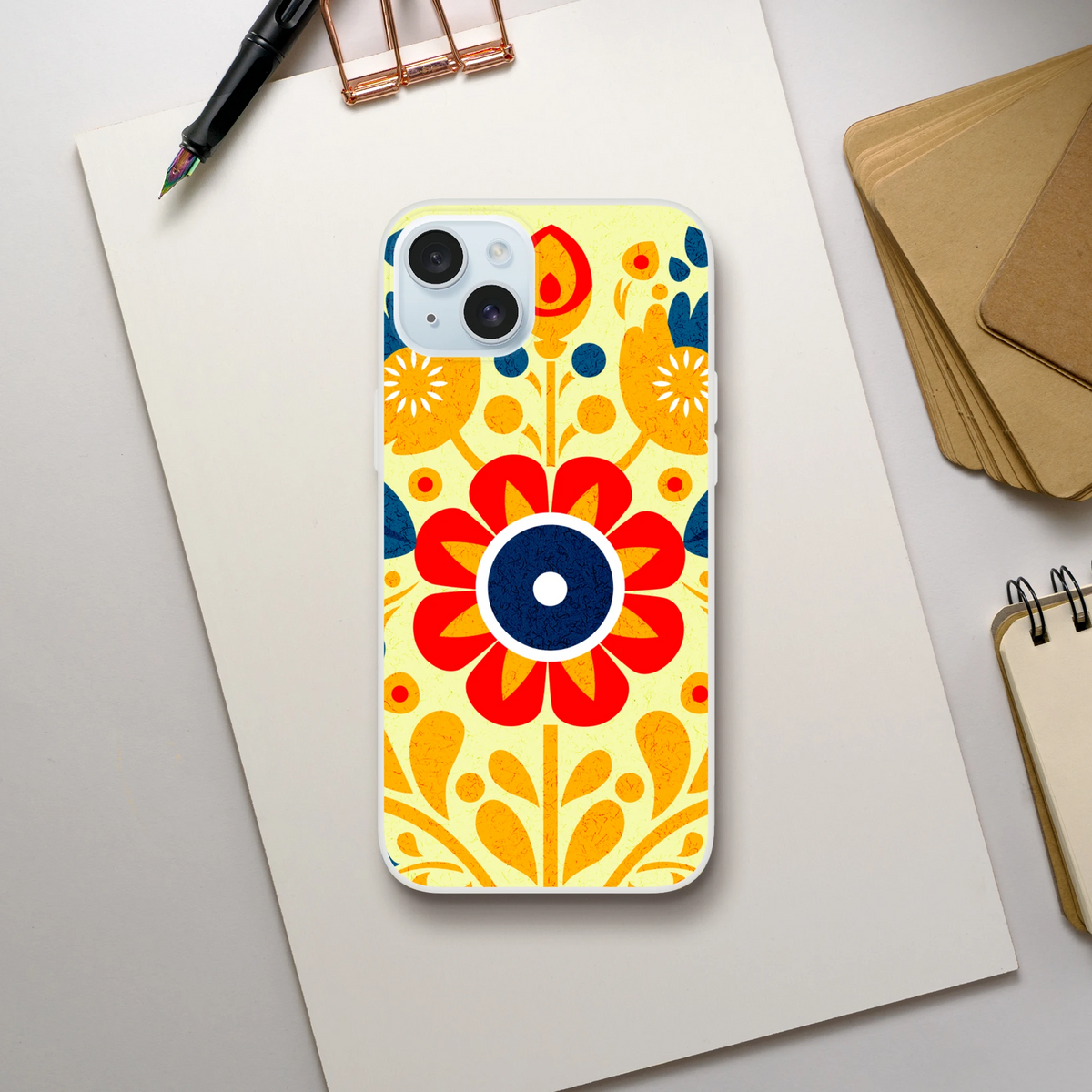 Vintage Floral iPhone Case (13-16) with retro yellow floral pattern.