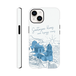 Santorini Blues iPhone case featuring blue line art of Greek domes and "breezy views" script on a textured white tough cover.
