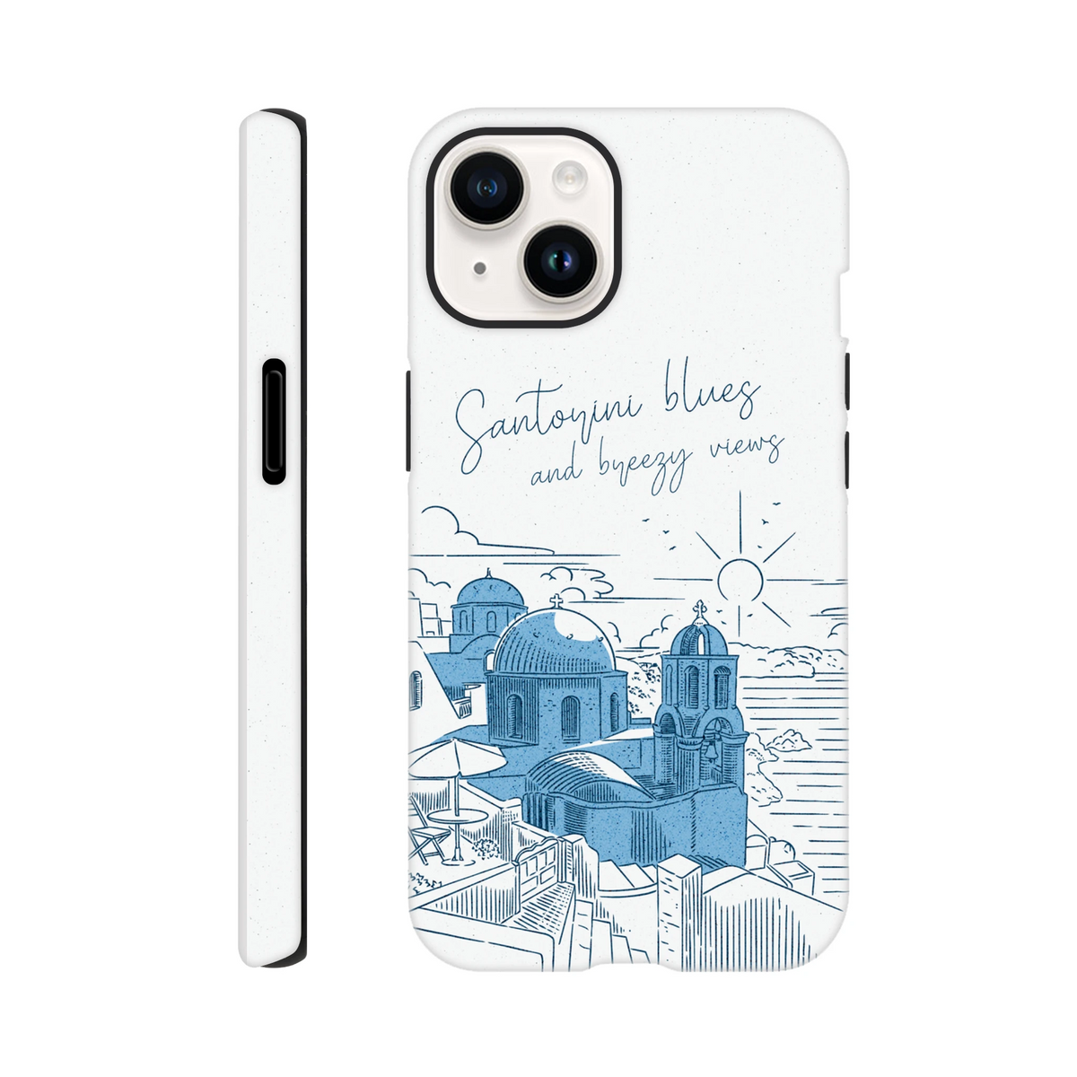 Santorini Blues iPhone case featuring blue line art of Greek domes and "breezy views" script on a textured white tough cover.