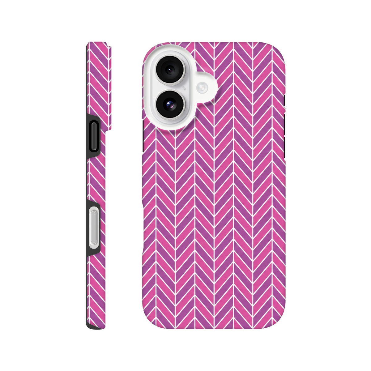 Pink herringbone geometric iPhone case with tough dual-layer protection and shock-absorbing TPU construction for daily impact resistance.
