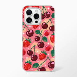 Retro pink iPhone case featuring a cute pattern of glossy cherries, strawberries, and sparkles for models 13 through 16.