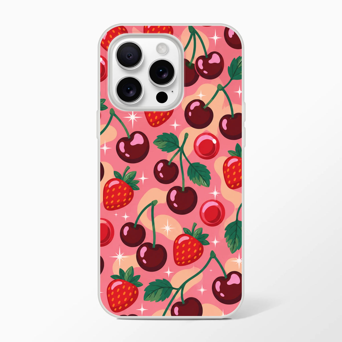 Retro pink iPhone case featuring a cute pattern of glossy cherries, strawberries, and sparkles for models 13 through 16.