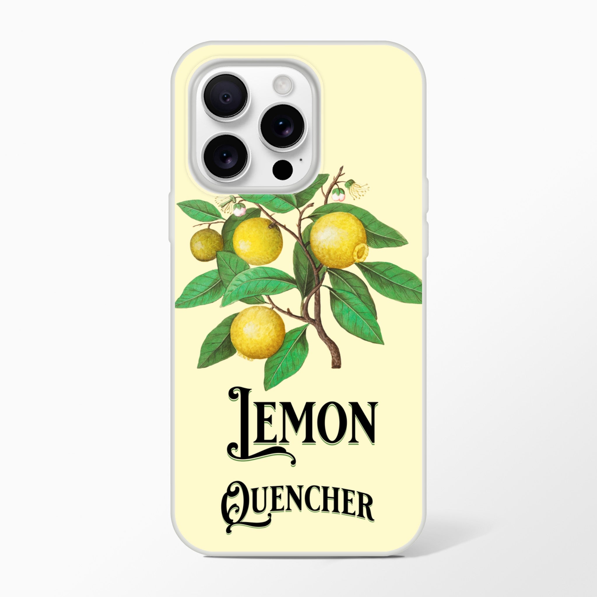Lemon tree illustration on pale yellow iPhone case; slim protective cover for iPhone 16/15/14/13 with Lemon Quencher text.