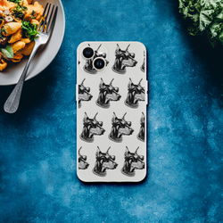 Clear iPhone case featuring a repeating gangster dog head pattern with sunglasses and a chain for iPhone 13-16.