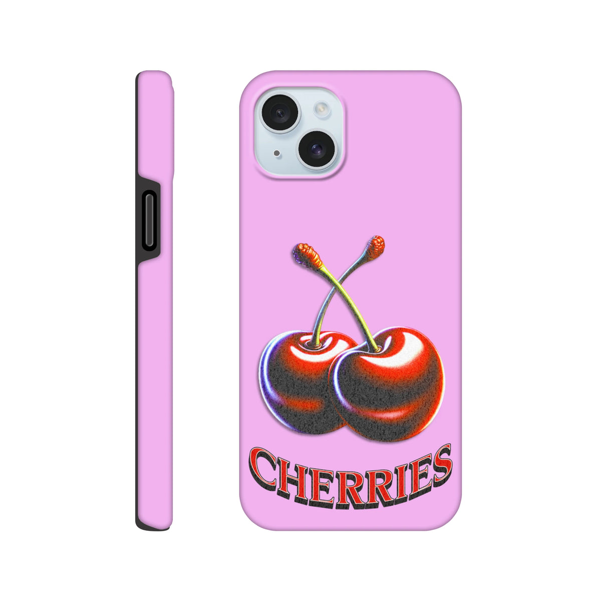 Pink Y2K iPhone case featuring retro glossy cherry graphic and "CHERRIES" text. Durable protective cover for iPhone 13-16.