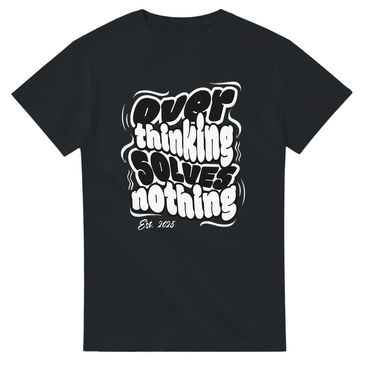 Black men's mental health graphic T-shirt with bold white text: Overthinking Solves Nothing.