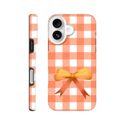 Orange gingham iPhone case with a large ribbon bow. Cute coquette tough phone cover featuring a bold check pattern and impact-resistant protection for daily commutes.