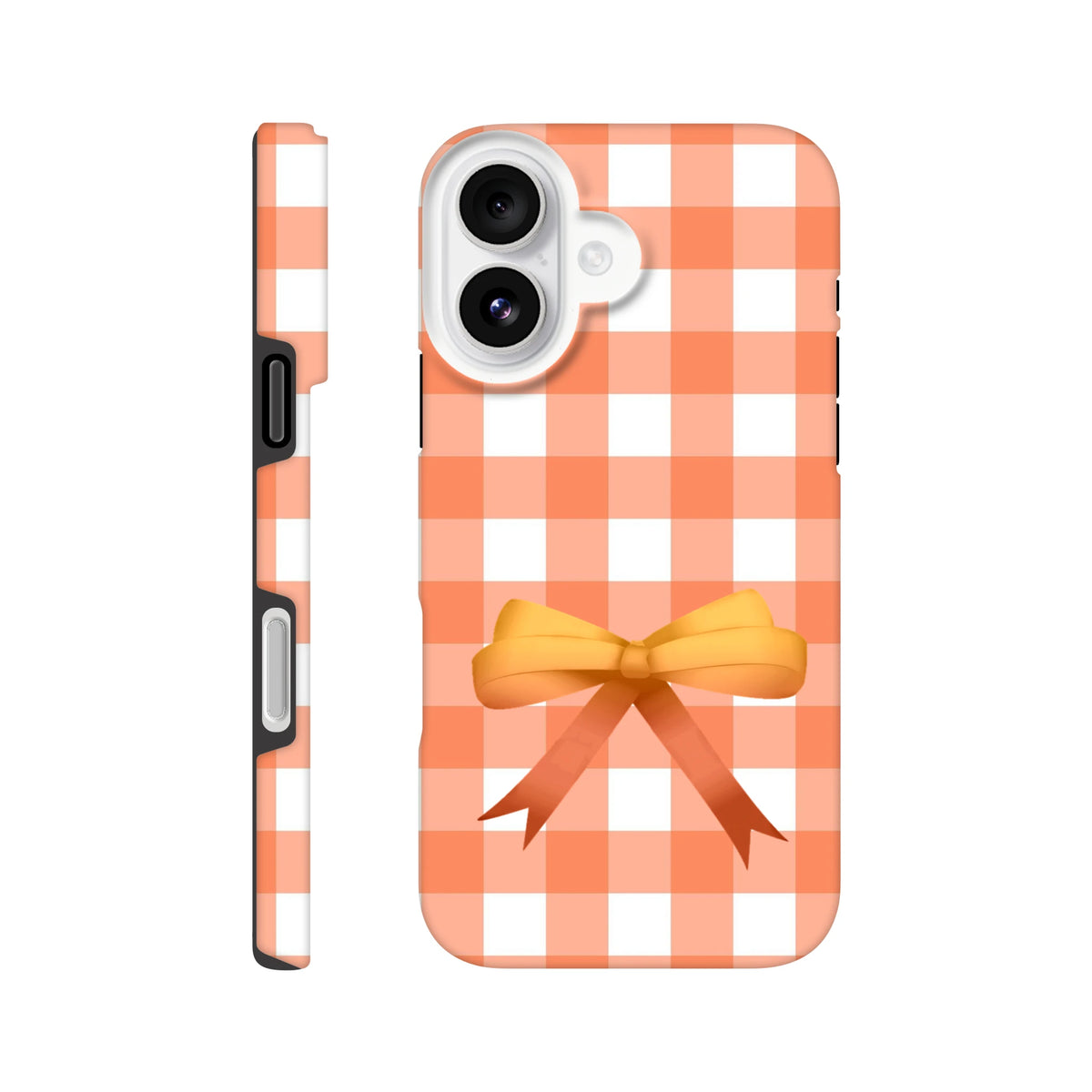 Orange gingham iPhone case with a large ribbon bow. Cute coquette tough phone cover featuring a bold check pattern and impact-resistant protection for daily commutes.
