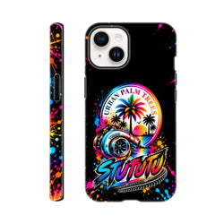 Turbo Petrolhead iPhone case featuring colorful turbocharger, rainbow palm trees, and "Urban Palm Trees" artwork with neon paint splatters on black.