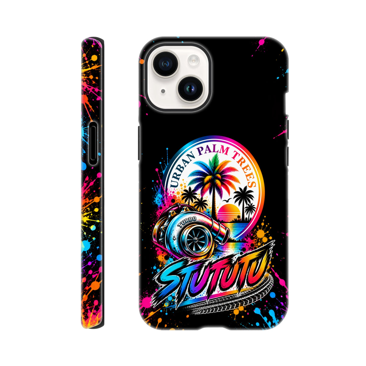 Turbo Petrolhead iPhone case featuring colorful turbocharger, rainbow palm trees, and "Urban Palm Trees" artwork with neon paint splatters on black.