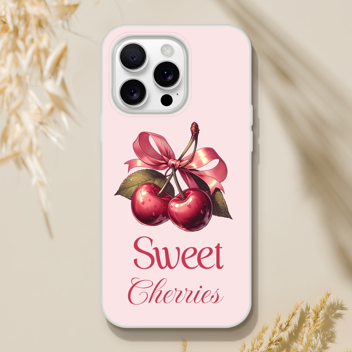 Pink iPhone case with cherry illustration and pink bow, slim protective cover for iPhone 16/15/14/13