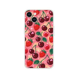 Cute retro iPhone case featuring a pattern of cherries and strawberries with sparkles on a pink background, designed for iPhone 13-16 models.