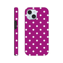 Purple and white polka dot tough iPhone case featuring shock-absorbing TPU protection and a cute dual-layer design for iPhone 13-16.
