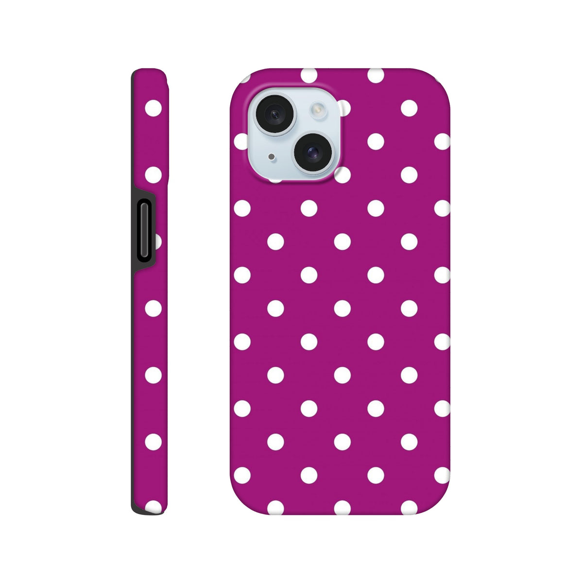 Purple and white polka dot tough iPhone case featuring shock-absorbing TPU protection and a cute dual-layer design for iPhone 13-16.