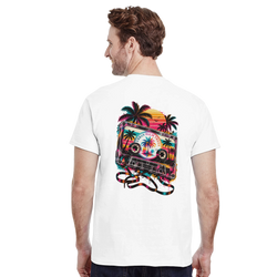 Back view of white t-shirt featuring retro cassette tape graphic with palm trees and colorful sunset on the rear.