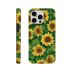 Tough sunflower iPhone case with vibrant yellow floral print on dark green leaves. Wraparound botanical design for drop protection.