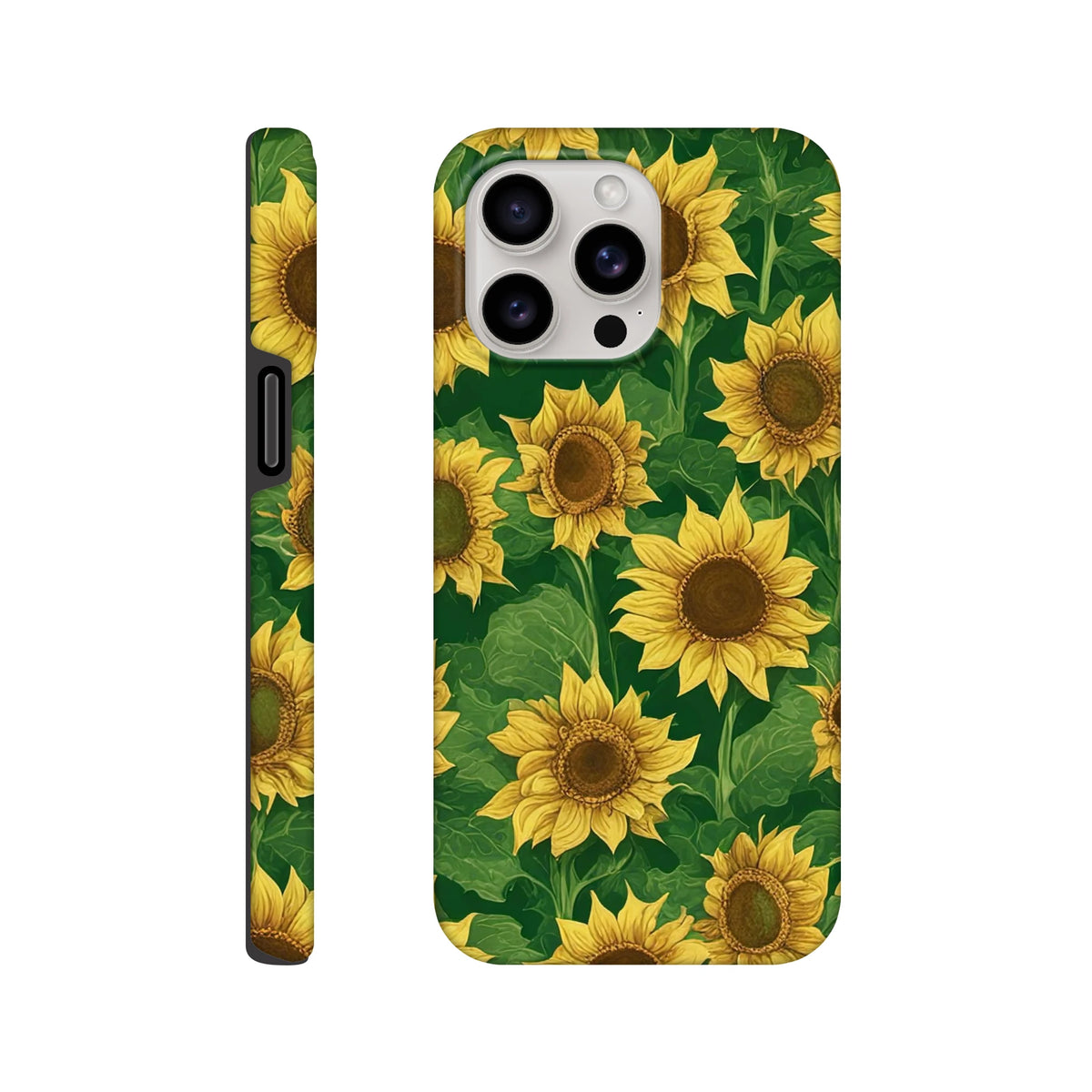 Tough sunflower iPhone case with vibrant yellow floral print on dark green leaves. Wraparound botanical design for drop protection.