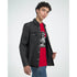 Male model wearing red Statue Of Liberty DJ graphic T-shirt with black denim shirt.