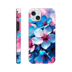 Vibrant blue and pink floral iPhone case design for models 13 to 15. Durable flower phone cover offering tough protection and bold streetwear style.
