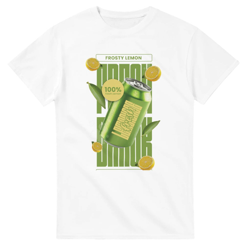 White women's cotton blend graphic tee with lime-green lemonade can and lemon slices.